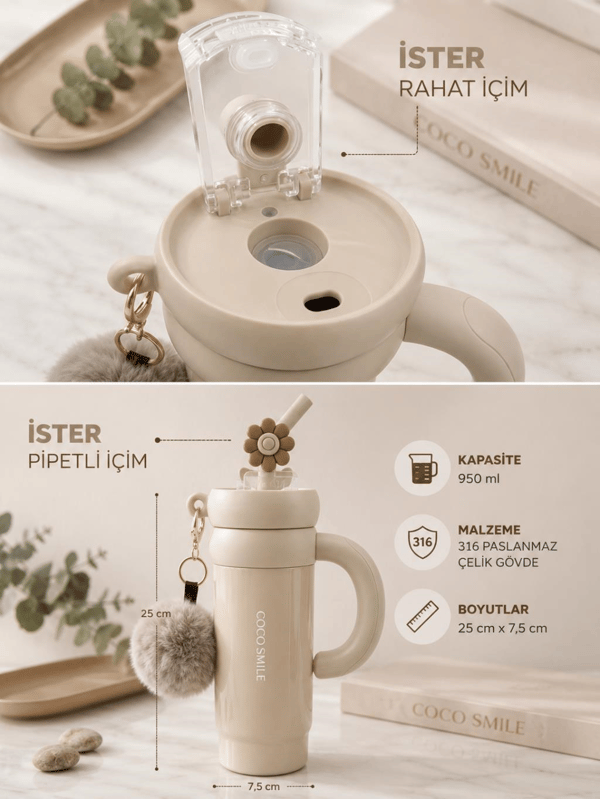 CocoSmile CS-8826 Krem 950 ml Çift İçim Paslanmaz Çelik Termos Mug