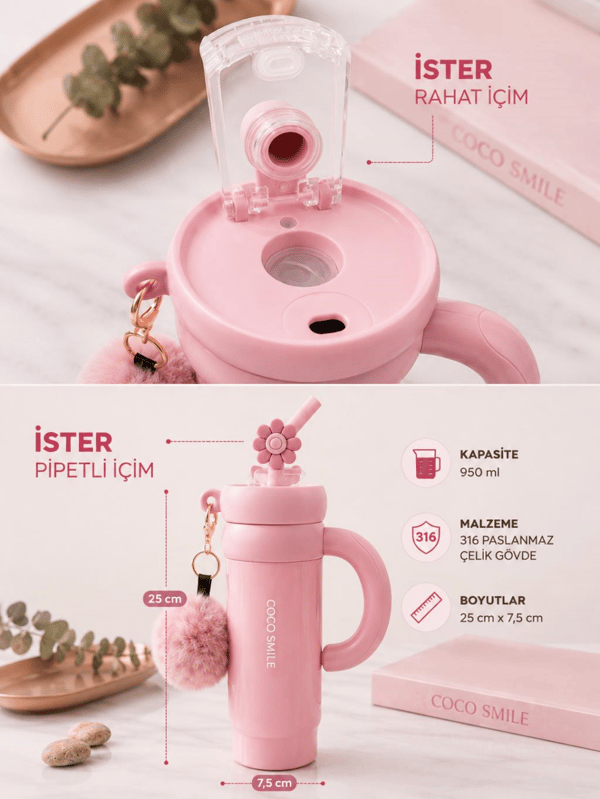 CocoSmile CS-8826 Pembe 950 ml Çift İçim Paslanmaz Çelik Termos Mug