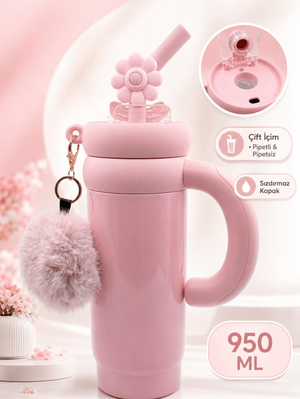 CocoSmile CS-8826 Pembe 950 ml Çift İçim Paslanmaz Çelik Termos Mug