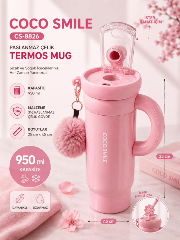 CocoSmile CS-8826 Pembe 950 ml Çift İçim Paslanmaz Çelik Termos Mug