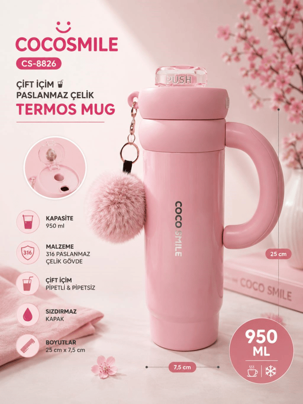 CocoSmile CS-8826 Pembe 950 ml Çift İçim Paslanmaz Çelik Termos Mug