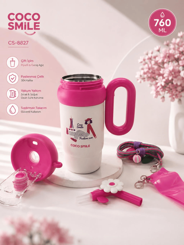 CocoSmile CS-8827 Fuşya 760 ml Çift İçim Paslanmaz Çelik Termos Mug Matara Askılı