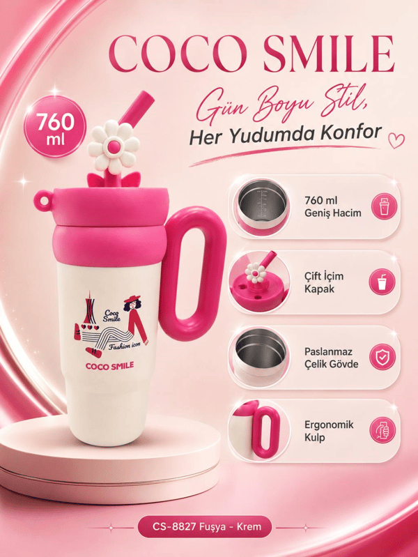 CocoSmile CS-8827 Fuşya 760 ml Çift İçim Paslanmaz Çelik Termos Mug Matara Askılı