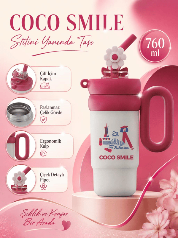CocoSmile CS-8827 Fuşya 760 ml Çift İçim Paslanmaz Çelik Termos Mug Matara Askılı