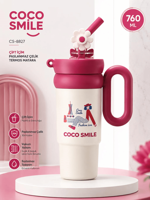 CocoSmile CS-8827 Fuşya 760 ml Çift İçim Paslanmaz Çelik Termos Mug Matara Askılı