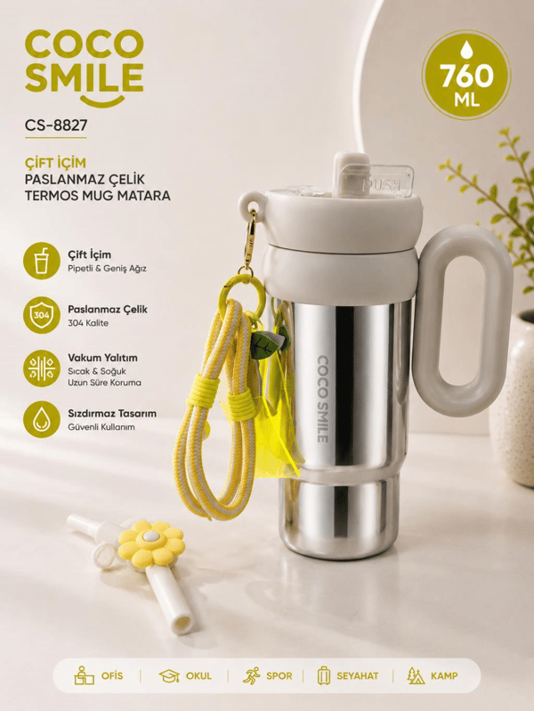 CocoSmile CS-8827 Krem Bej 760 ml Çift İçim Paslanmaz Çelik Termos Mug Matara Askılı