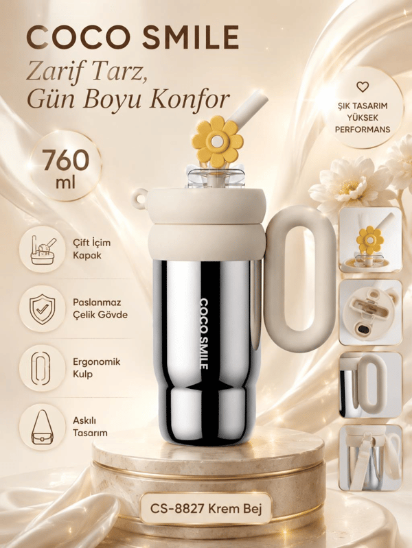 CocoSmile CS-8827 Krem Bej 760 ml Çift İçim Paslanmaz Çelik Termos Mug Matara Askılı