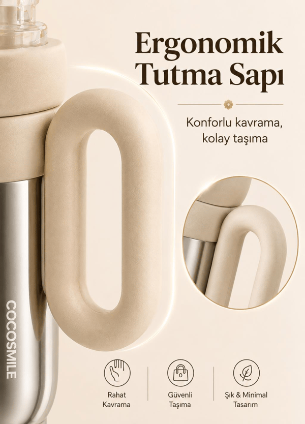 CocoSmile CS-8827 Krem Bej 760 ml Çift İçim Paslanmaz Çelik Termos Mug Matara Askılı