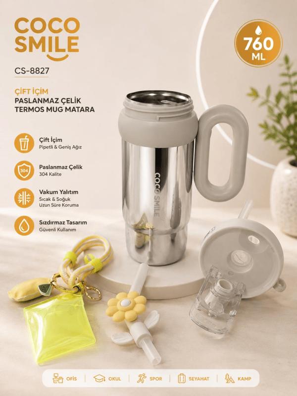 CocoSmile CS-8827 Krem Bej 760 ml Çift İçim Paslanmaz Çelik Termos Mug Matara Askılı