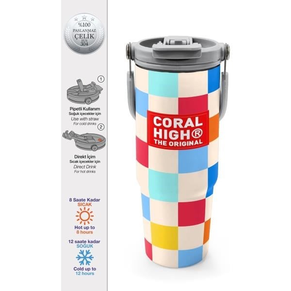 Coral High Çok Renkli Dama Desenli Pipetli ve Direkt İçim Çelik Termos 900 ml 38702