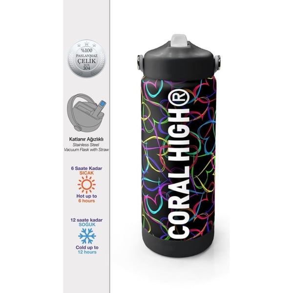Coral High Çok Renkli Kalp Lavanta Kamuflaj Desenli Katlanır Ağızlıklı Çelik Termos 650 ml 38382