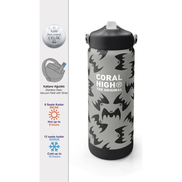 Coral High Gri Siyah Yarasa Desenli Katlanır Ağızlıklı Çelik Termos 650 ml 38326
