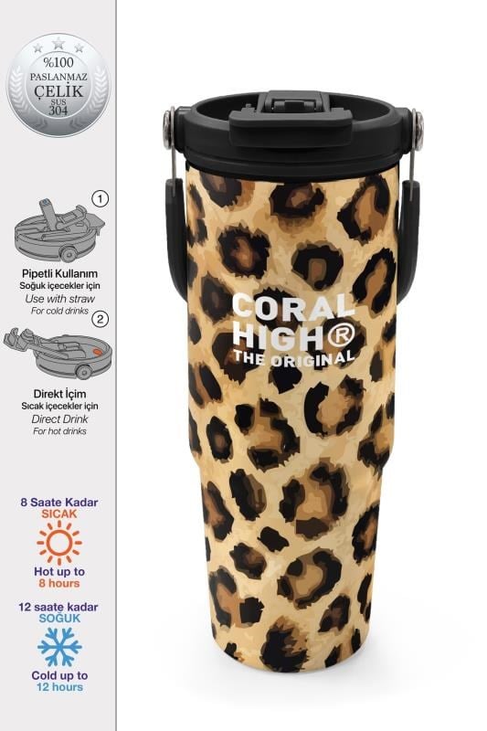 Coral High Kahverengi Leopar Desenli Pipetli ve Direkt İçim Çelik Termos 900 ml 38719