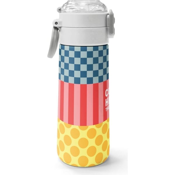 Coral High Kids Çok Renkli Dama Çizgi Puantiye Desenli Pipetli ve Direkt İçim Çelik Termos 500 ml 38104