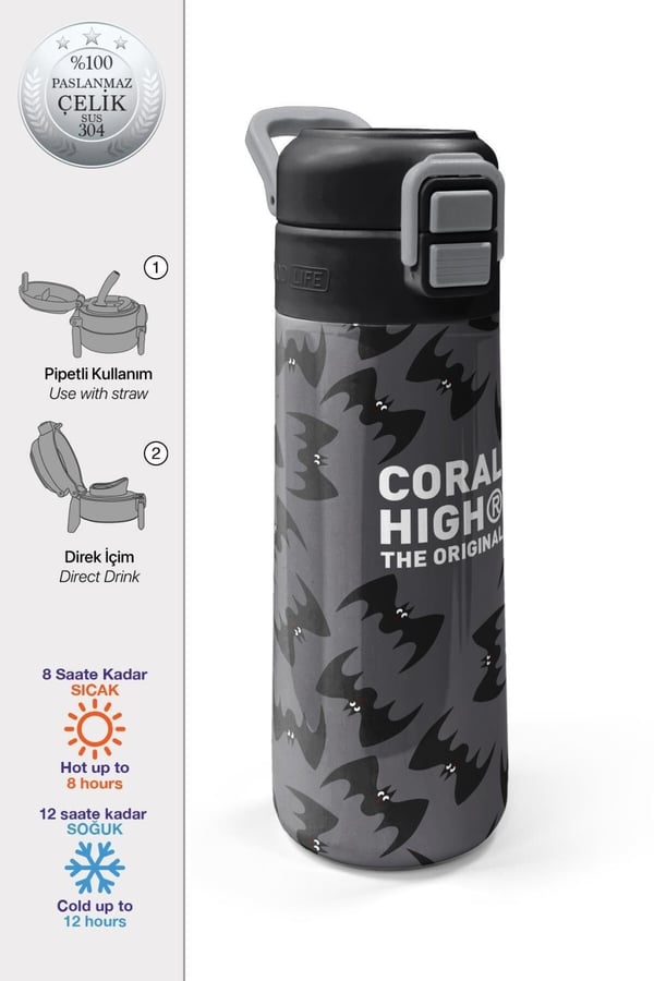 Coral High Kids Gri Siyah Yarasa Desenli Pipetli ve Direkt İçim Çelik Termos 500 ml 38126