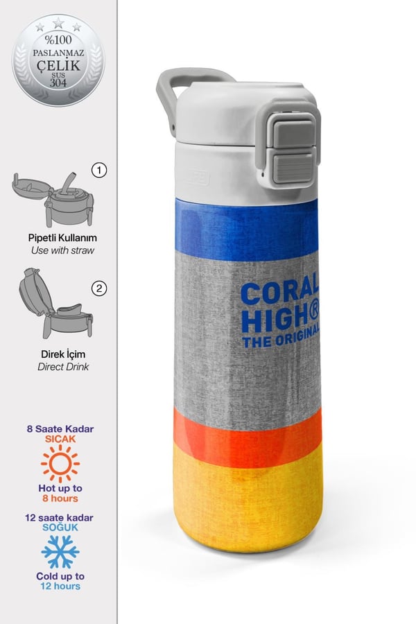 Coral High Kids Gri Turuncu Çizgi Desenli Pipetli ve Direkt İçim Çelik Termos 500 ml 38121