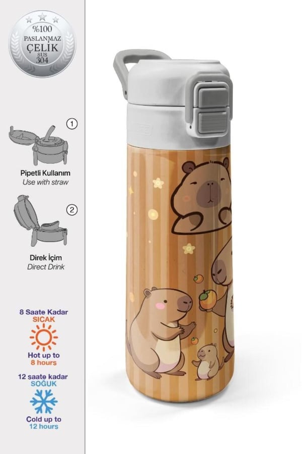 Coral High Kids Kapibara Desenli Pipetli ve Direkt İçim Çelik Termos 500 ml 31790