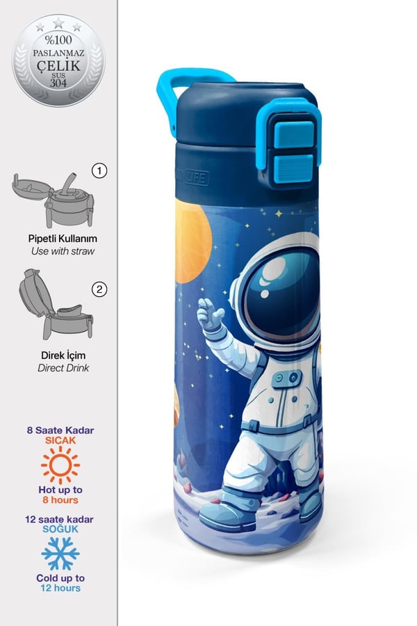 Coral High Kids Lacivert Astronot Desenli Pipetli ve Direkt İçim Çelik Termos 500 ml 38134