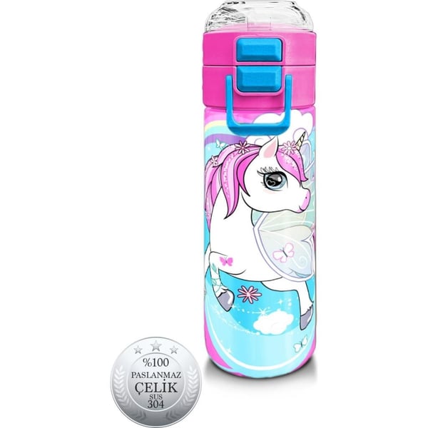 Coral High Kids Mavi Neon Pembe Unicorn Desenli Pipetli ve Direkt İçim Çelik Termos 500 ml 31925