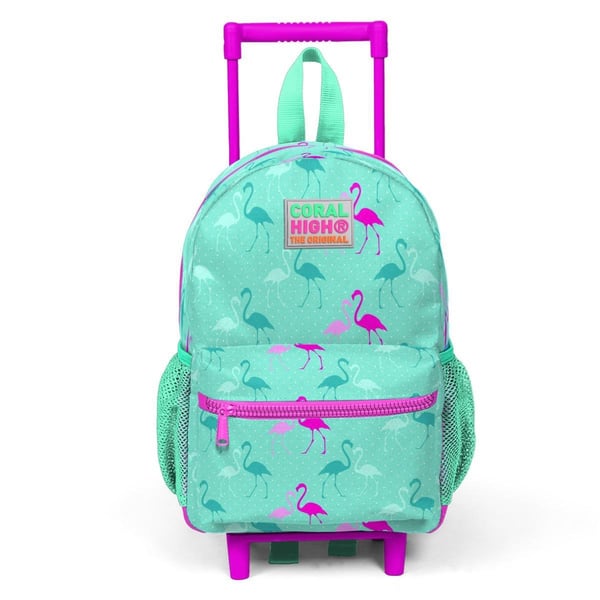 Coral High Kids Minik Yuva Çekçekli Sırt Çantası Su Yeşili Neon Pembe Flamingo Desenli İki Bölmeli 24004