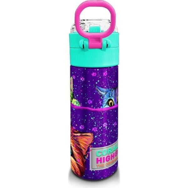 Coral High Kids Mor Pembe Kedi Desenli Pipetli ve Direkt İçim Çelik Termos 500 ml 31939