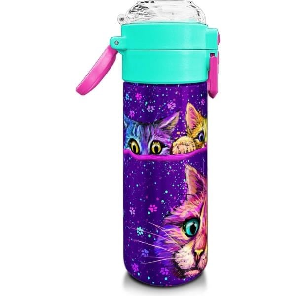 Coral High Kids Mor Pembe Kedi Desenli Pipetli ve Direkt İçim Çelik Termos 500 ml 31939