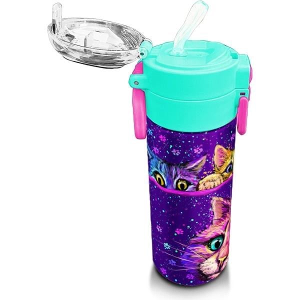 Coral High Kids Mor Pembe Kedi Desenli Pipetli ve Direkt İçim Çelik Termos 500 ml 31939