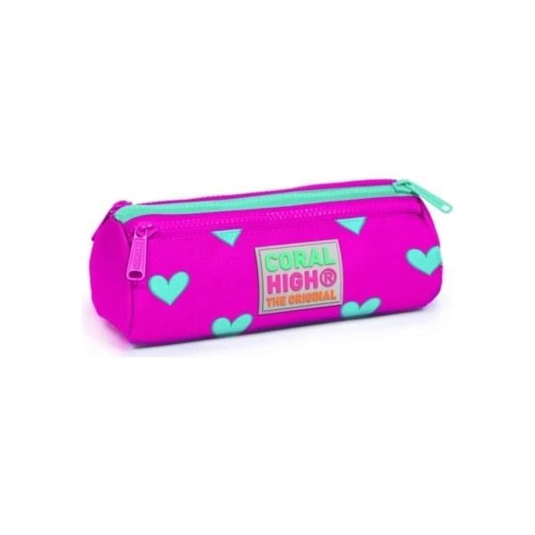 Coral High Kids Neon Pembe Su Yeşili Kalp Desenli Üç Bölmeli Kalem Çantası 22317