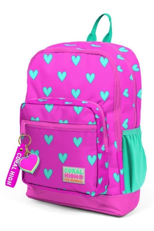 Coral High Kids Neon Pembe Su Yeşili Kalp Desenli Dört Bölmeli Okul Sırt Çantası 23113