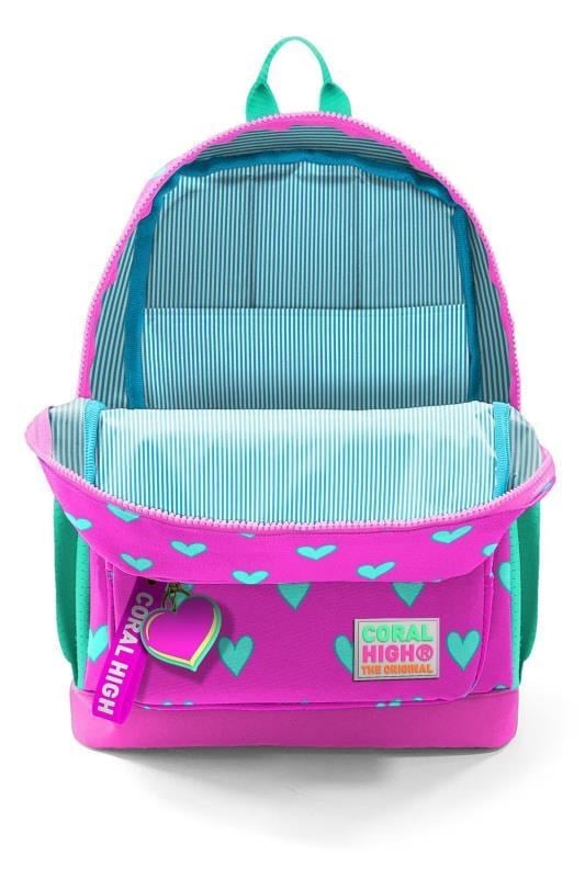 Coral High Kids Neon Pembe Su Yeşili Kalp Desenli Dört Bölmeli Okul Sırt Çantası 23113