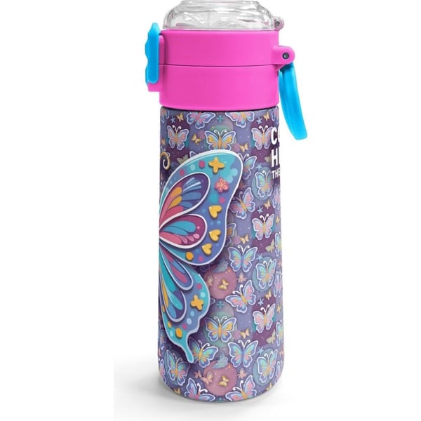 Coral High Kids Pastel Renkli Kelebek Desenli Pipetli ve Direkt İçim Çelik Termos 500 ml 38106