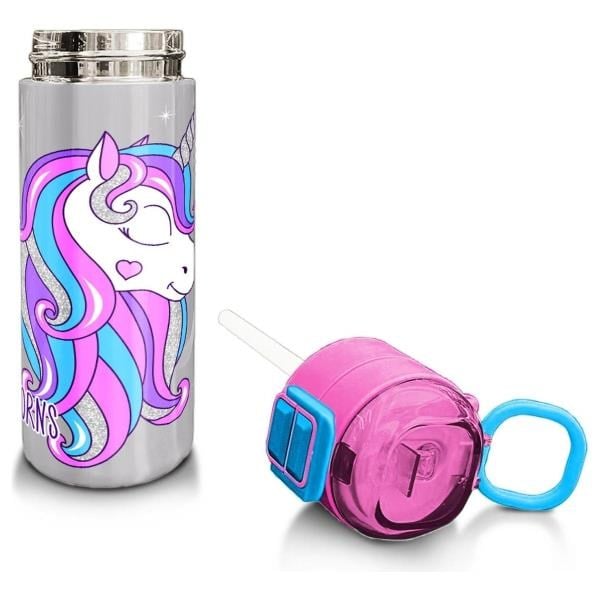 Coral High Kids Pembe Gümüş Unicorn Desenli Pipetli ve Direkt İçim Çelik Termos 500 ml 31821