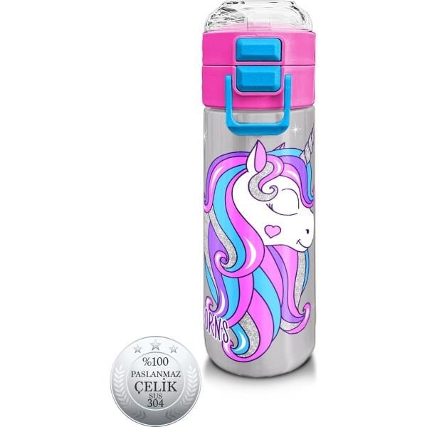 Coral High Kids Pembe Gümüş Unicorn Desenli Pipetli ve Direkt İçim Çelik Termos 500 ml 31821