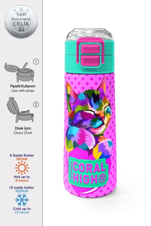 Coral High Kids Pembe Mavi Kedi Desenli Pipetli ve Direkt İçim Çelik Termos 500 ml 31842
