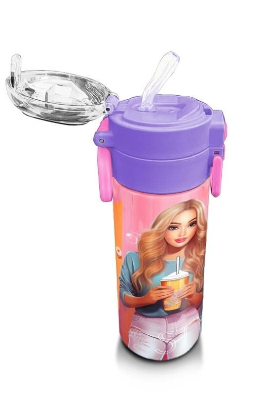 Coral High Kids Pembe Mercan Fashion Girl Desenli Pipetli ve Direkt İçim Çelik Termos 500 ml 31869