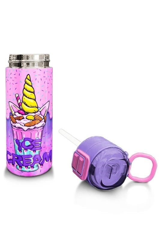 Coral High Kids Pembe Mor Milkshake Dondurma Desenli Pipetli ve Direkt İçim Çelik Termos 500 ml 31950