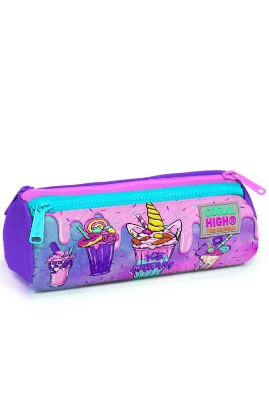 Coral High Kids Pembe Mor Milkshake Dondurma Desenli Üç Bölmeli Kalem Çantası 22049