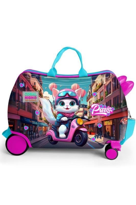 Coral High Kids Pembe Motorlu Kedi Desenli Otur-Çek Çocuk Valizi 16358