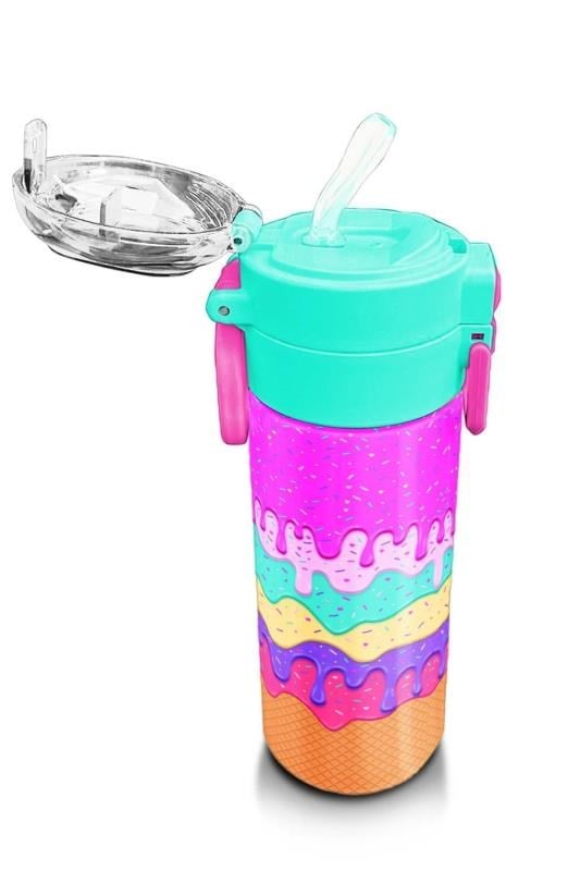 Coral High Kids Pembe Rengarenk Dondurma Desenli Pipetli ve Direkt İçim Çelik Termos 500 ml 31938