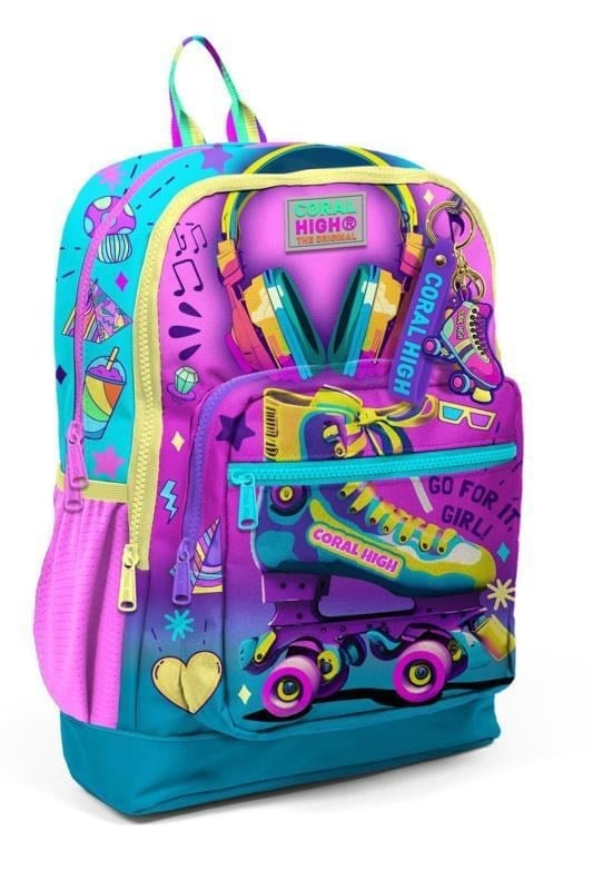 Coral High Kids Pembe Turkuaz Kulaklık Paten Desenli Okul Sırt Çantası 23754