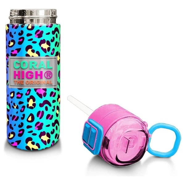 Coral High Kids Renkli Leopar Desenli Pipetli ve Direk İçimli Paslanmaz Çelik Termos 500 ML 31985
