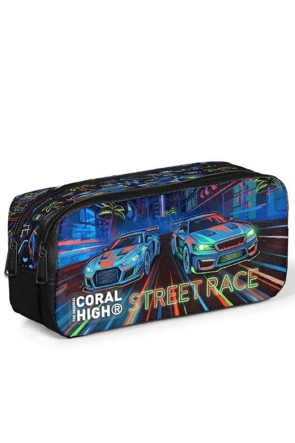 Coral High Kids Renkli Yarış Arabası Desenli İki Bölmeli Kalem Çantası 31059