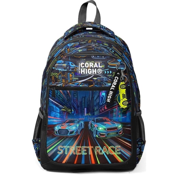 Coral High Kids Renkli Yarış Arabası Desenli Üç Bölmeli Okul Sırt Çantası 33259
