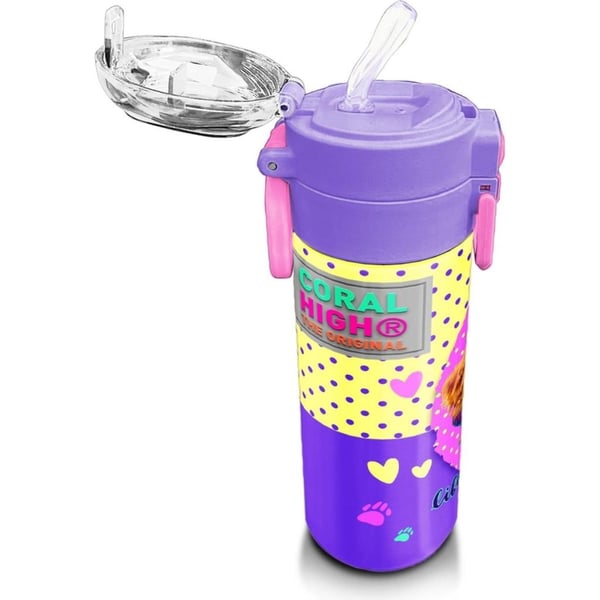 Coral High Kids Sarı Pembe Sevimli Köpek Desenli Pipetli ve Direkt İçim Çelik Termos 500 ml 31953