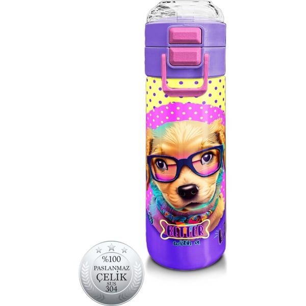 Coral High Kids Sarı Pembe Sevimli Köpek Desenli Pipetli ve Direkt İçim Çelik Termos 500 ml 31953