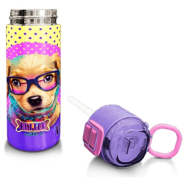 Coral High Kids Sarı Pembe Sevimli Köpek Desenli Pipetli ve Direkt İçim Çelik Termos 500 ml 31953