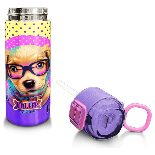 Coral High Kids Sarı Pembe Sevimli Köpek Desenli Pipetli ve Direkt İçim Çelik Termos 500 ml 31953
