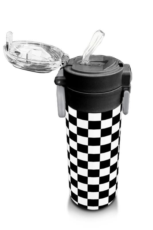 Coral High Kids Siyah Beyaz Dama Desenli Pipetli ve Direkt İçim Çelik Termos 500 ml 31877