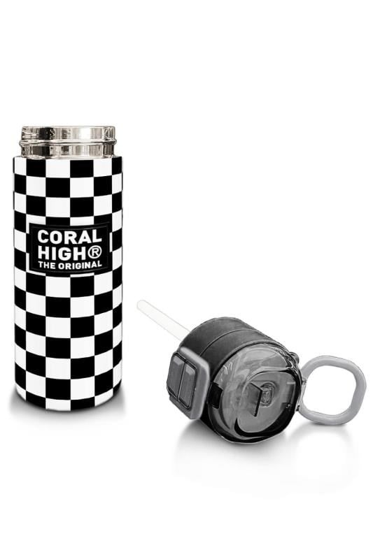 Coral High Kids Siyah Beyaz Dama Desenli Pipetli ve Direkt İçim Çelik Termos 500 ml 31877