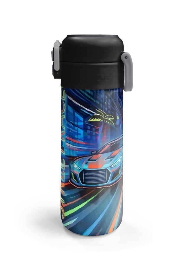 Coral High Kids Siyah Çok Renkli Yarış Arabası Desenli Pipetli ve Direkt İçim Çelik Termos 500 ml 38141